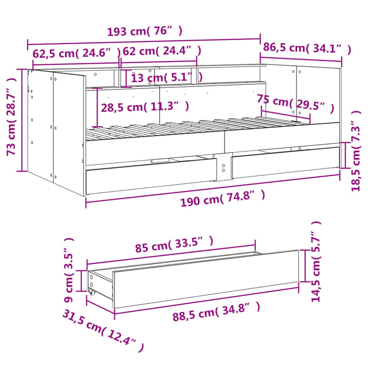 daybed med skuffer uden madras 75x190 cm grå sonoma-eg
