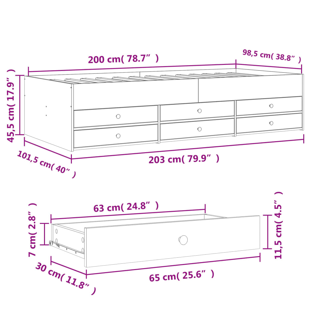 daybed med skuffer uden madras 100x200 cm sort