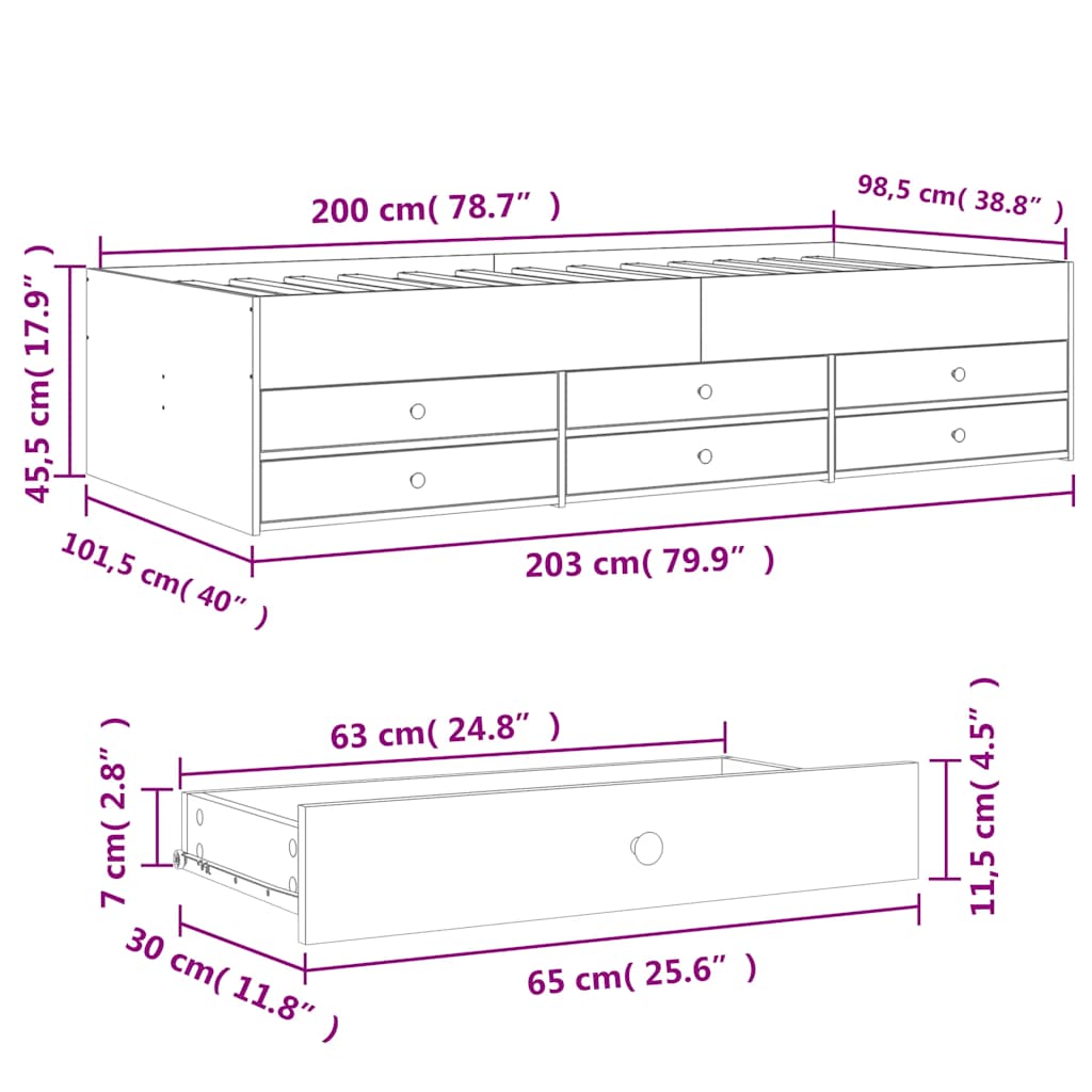 daybed med skuffer uden madras 100x200 cm grå sonoma-eg