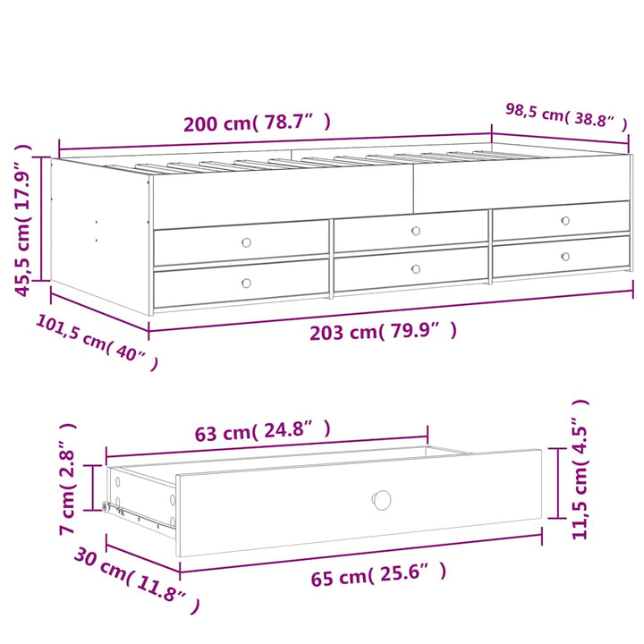 daybed med skuffer uden madras 100x200 cm grå sonoma-eg