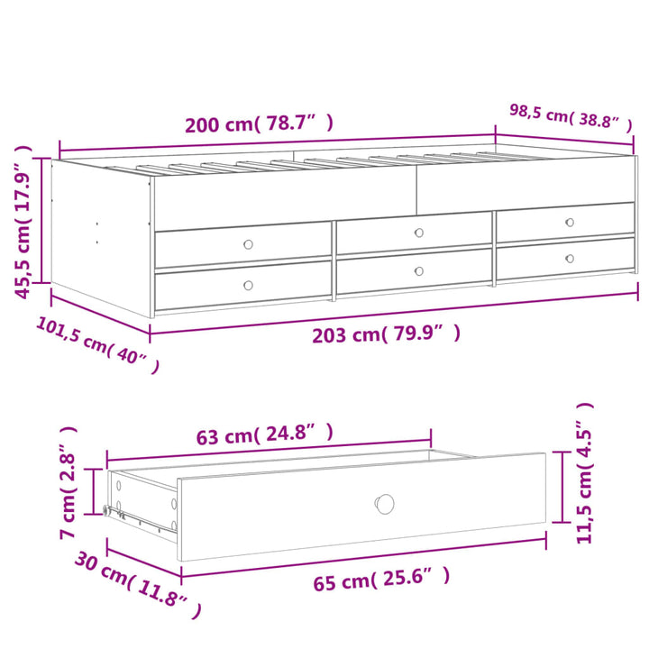 daybed med skuffer uden madras 100x200 cm brunt eg