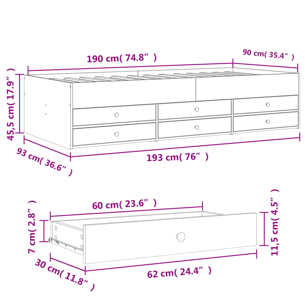 daybed med skuffer uden madras 90x190 cm røget eg