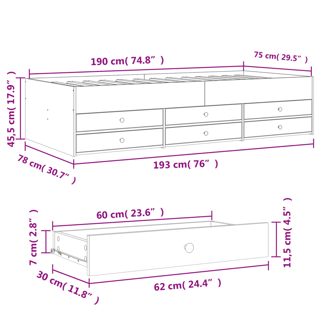 daybed med skuffer uden madras 75x190 cm grå sonoma-eg