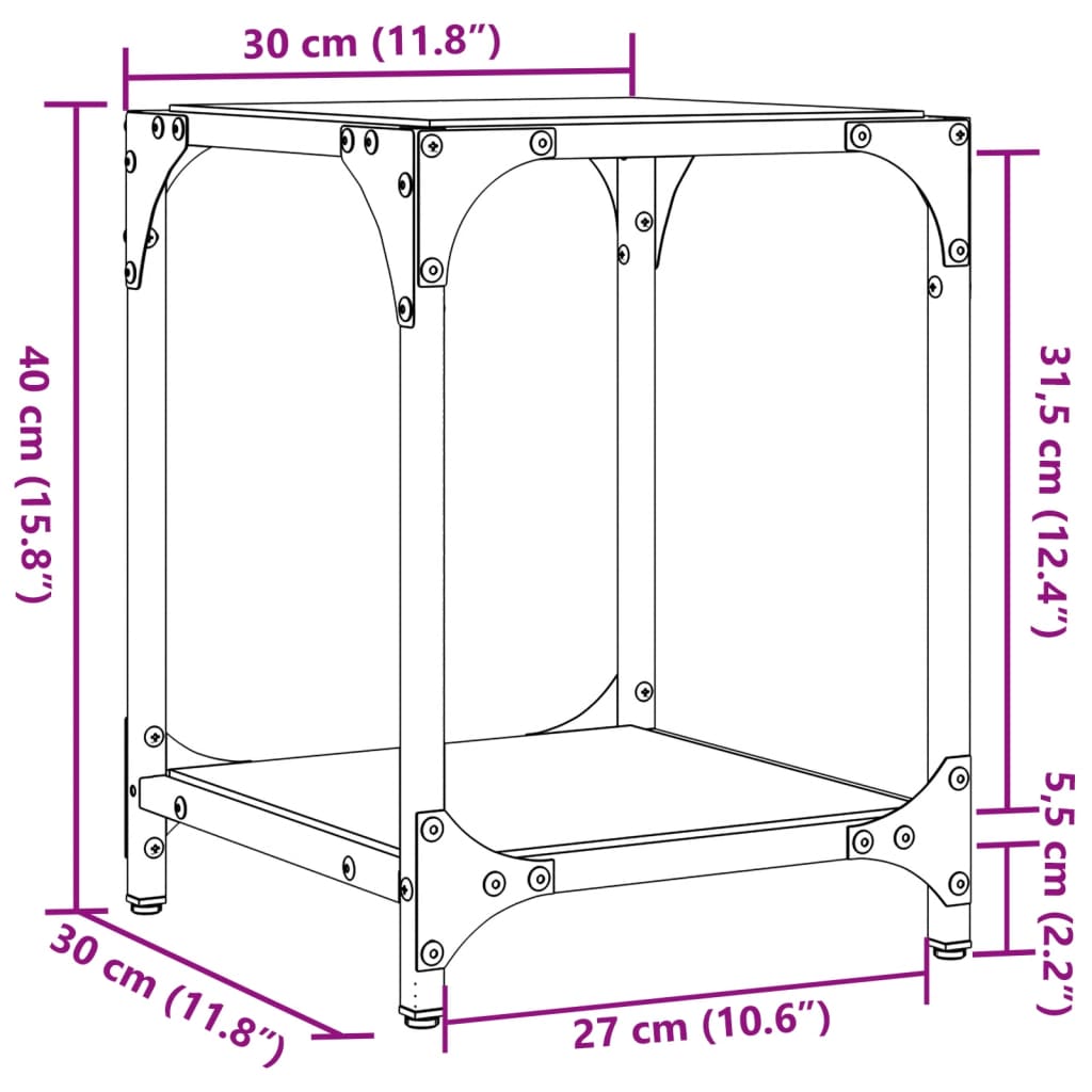 sofaborde med transparent glastop 2 stk 30x30x40 cm stål