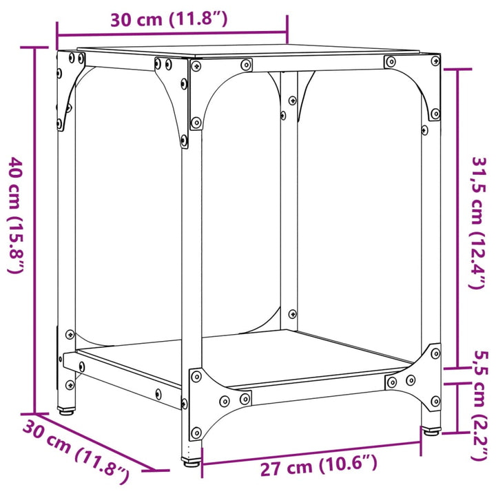 sofaborde med sort glastop 2 stk 30x30x40 cm stål