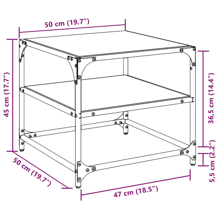 sofaborde med transparent glastop 2 stk 50x50x45 cm stål