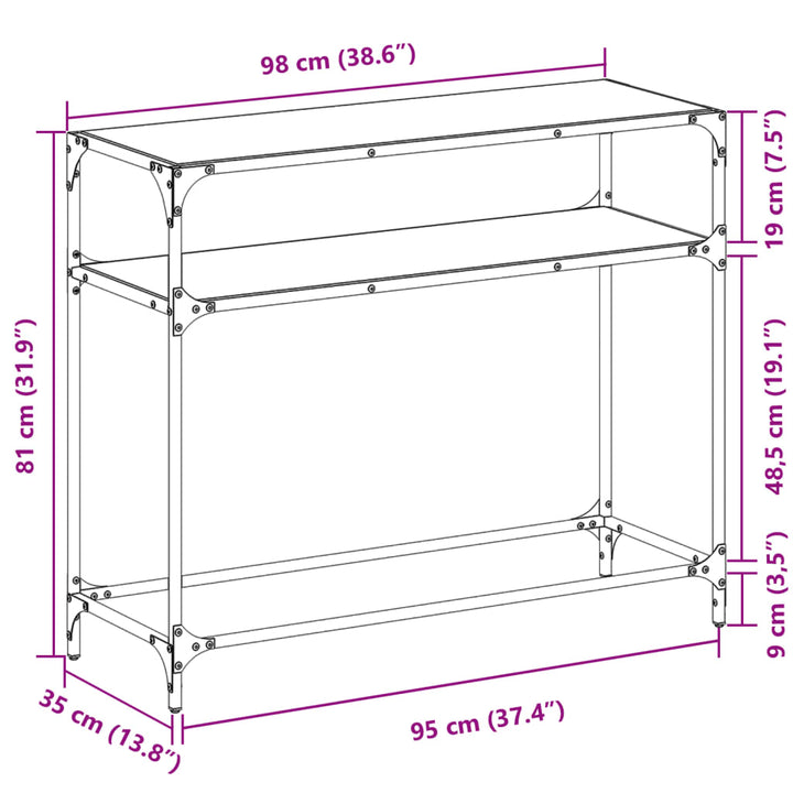 konsolbord med sort glastop 98x35x81 cm stål