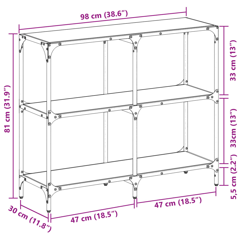 konsolbord med transparent glastop 98x30x81 cm stål