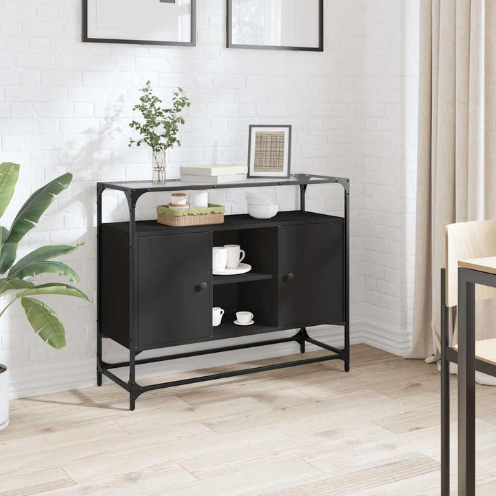 skænk med glastop 98x35x81 cm konstrueret træ sort