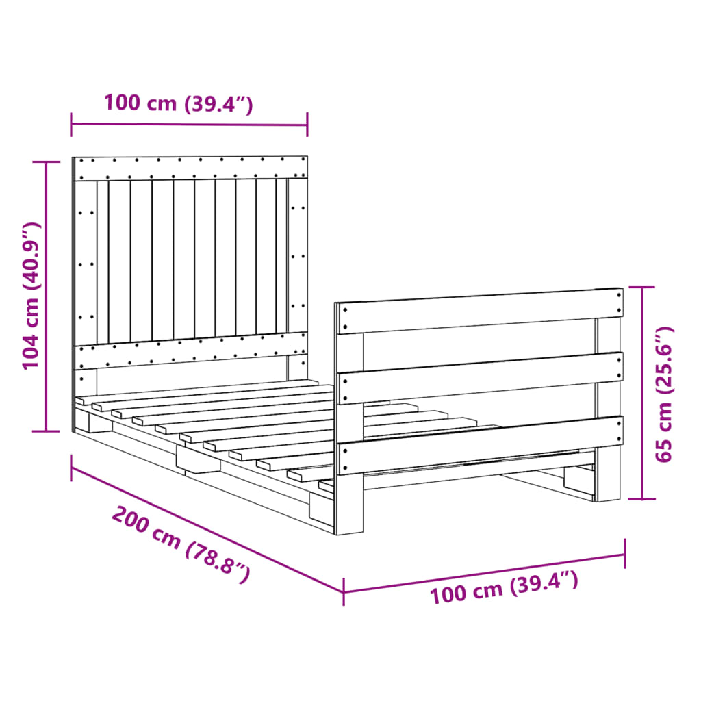 sengeramme med sengegavl 100x200 cm massivt fyrretræ