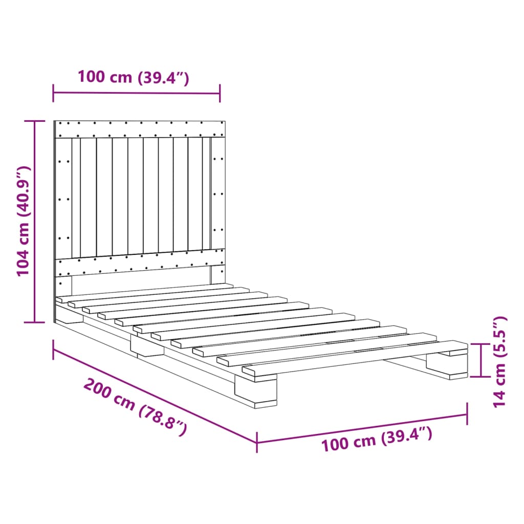 sengeramme med sengegavl 100x200 cm massivt fyrretræ grå