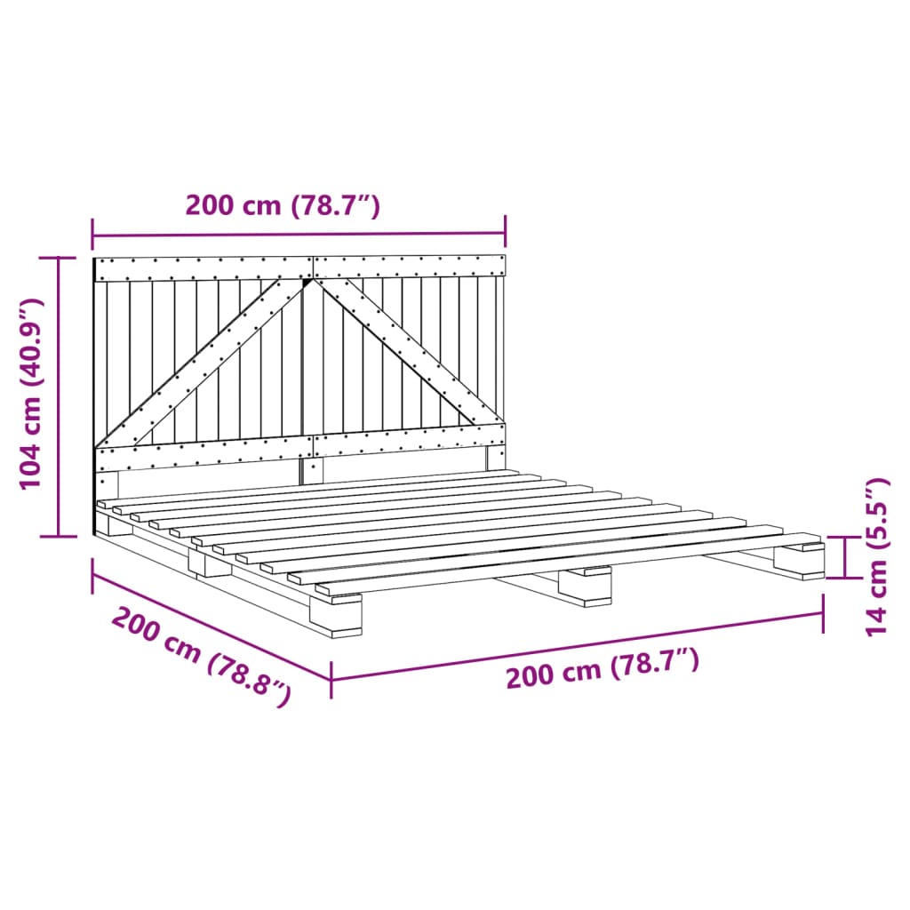 sengeramme med sengegavl 200x200 cm massivt fyrretræ