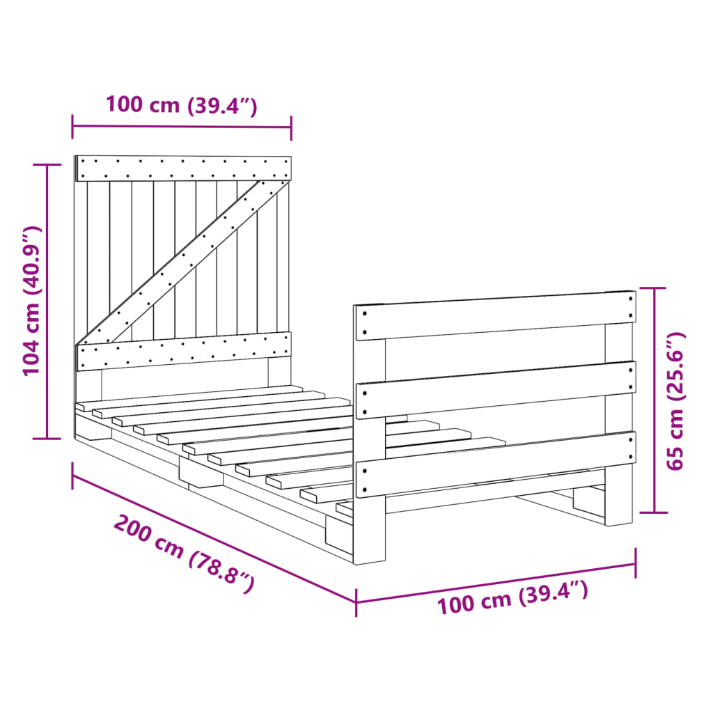 sengeramme med sengegavl 100x200 cm massivt fyrretræ