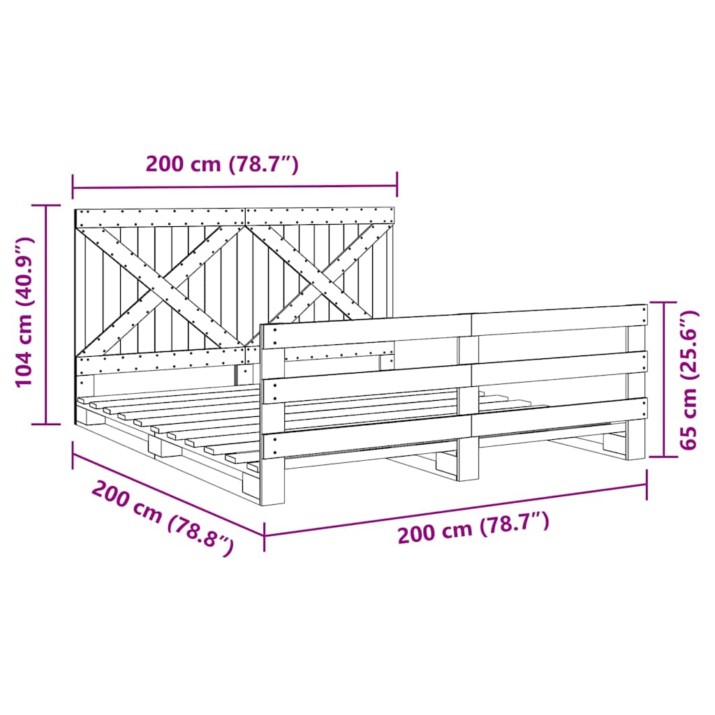 sengeramme med sengegavl 200x200 cm massivt fyrretræ