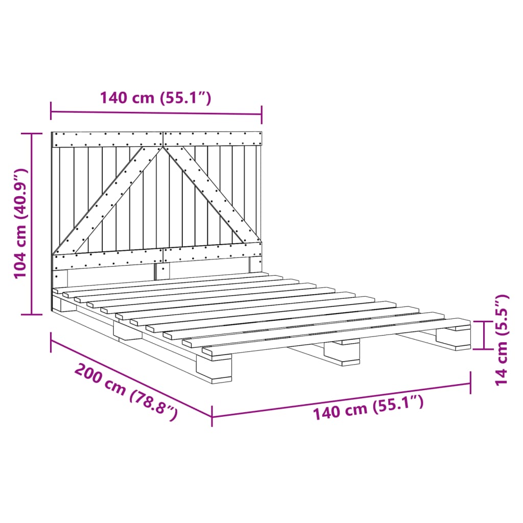 sengeramme med sengegavl 140x200 cm massivt fyrretræ grå