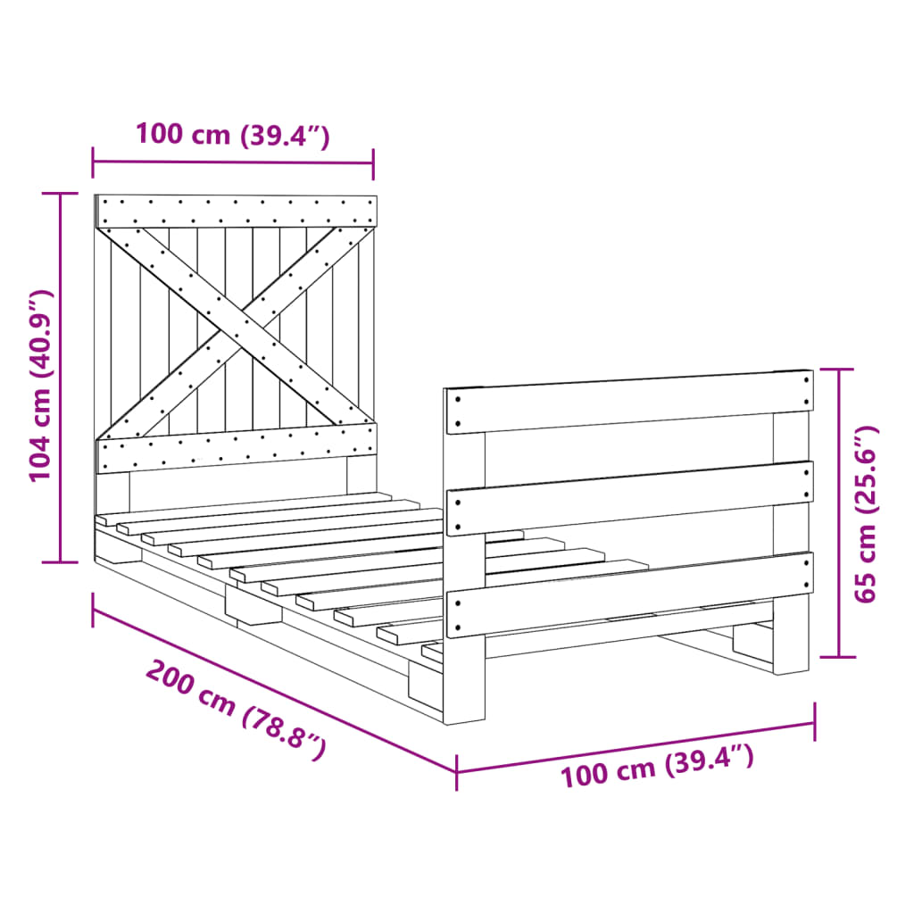 sengeramme med sengegavl 100x200 cm massivt fyrretræ