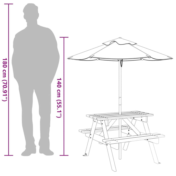 picnicbord til 4 børn m. parasol massivt grantræ