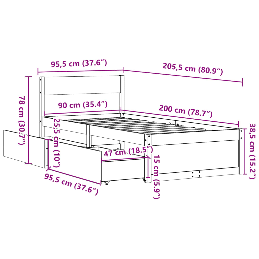 sengeramme uden madras 90x200 cm massivt fyrretræ