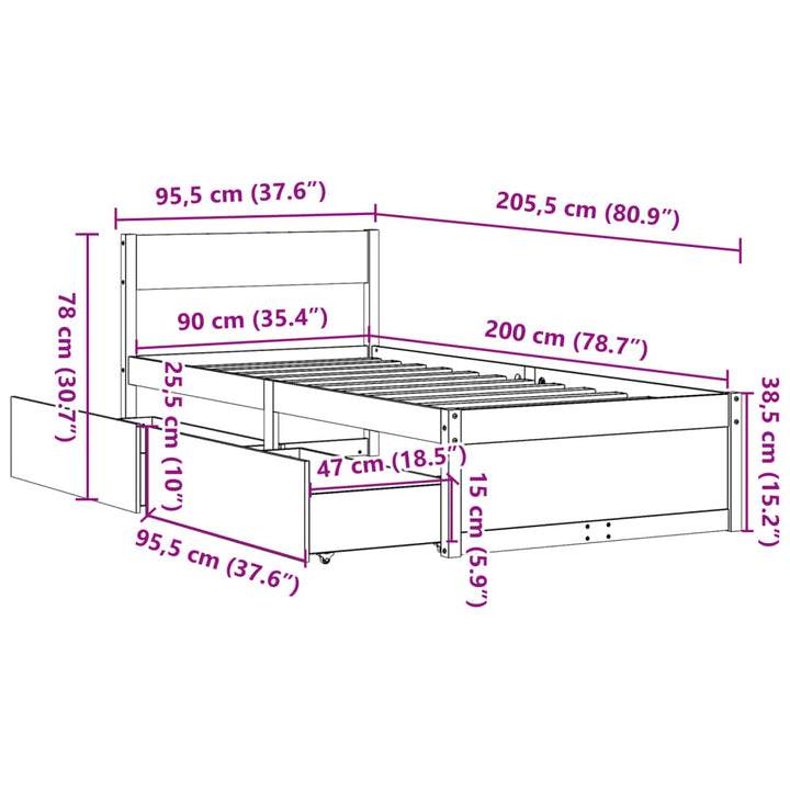 sengeramme uden madras 90x200 cm massivt fyrretræ