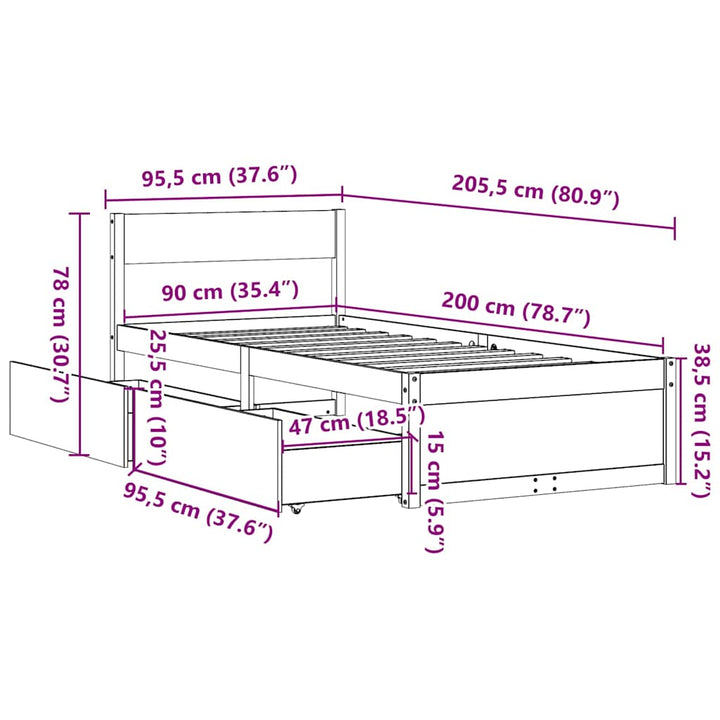 sengeramme uden madras 90x200 cm massivt fyrretræ