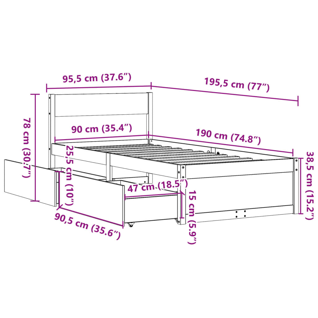 sengeramme uden madras 90x190 cm massivt fyrretræ