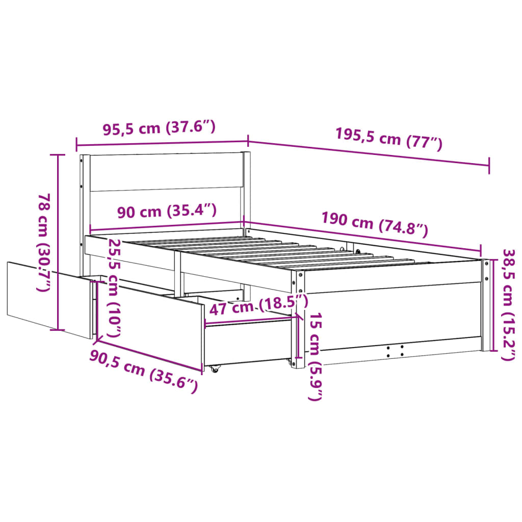 sengeramme uden madras 90x190 cm massivt fyrretræ gyldenbrun