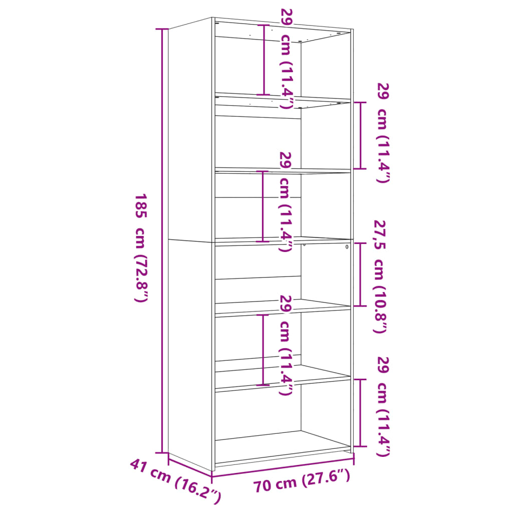 reol 70x41x185 cm konstrueret træ hvid
