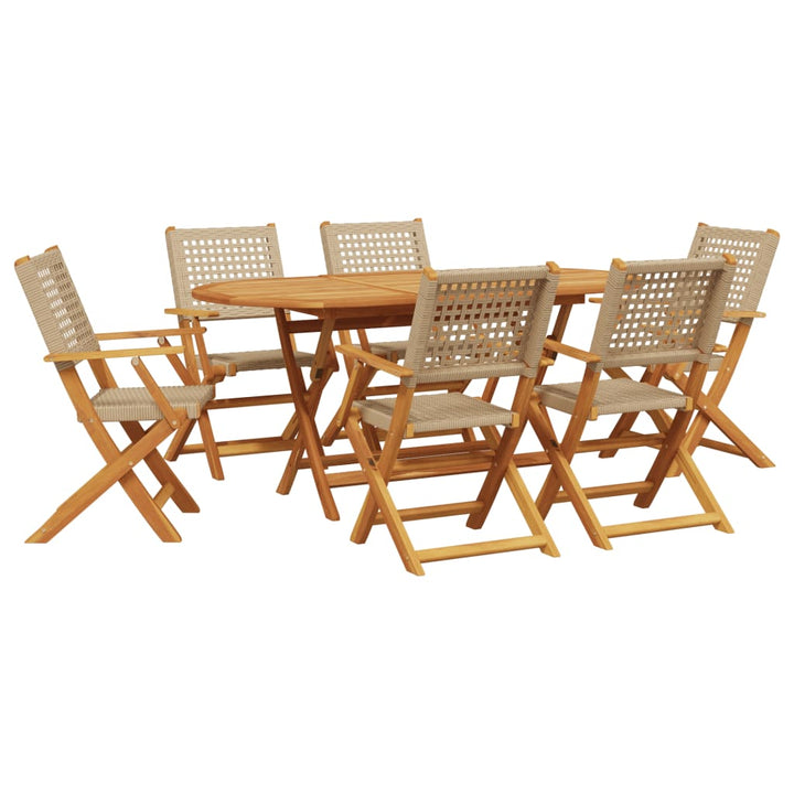 spisebordssæt til haven 7 dele polyrattan og massivt træ beige