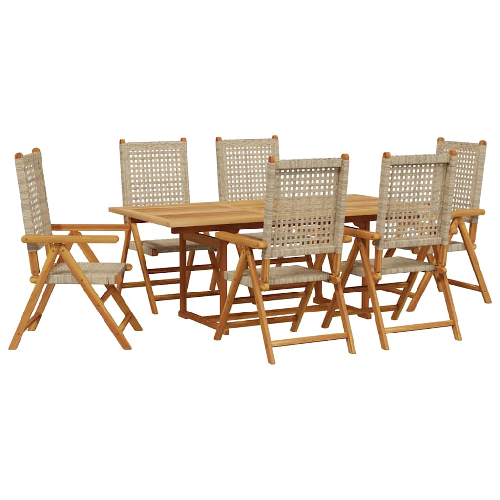 spisebordssæt til haven 7 dele polyrattan og massivt træ beige