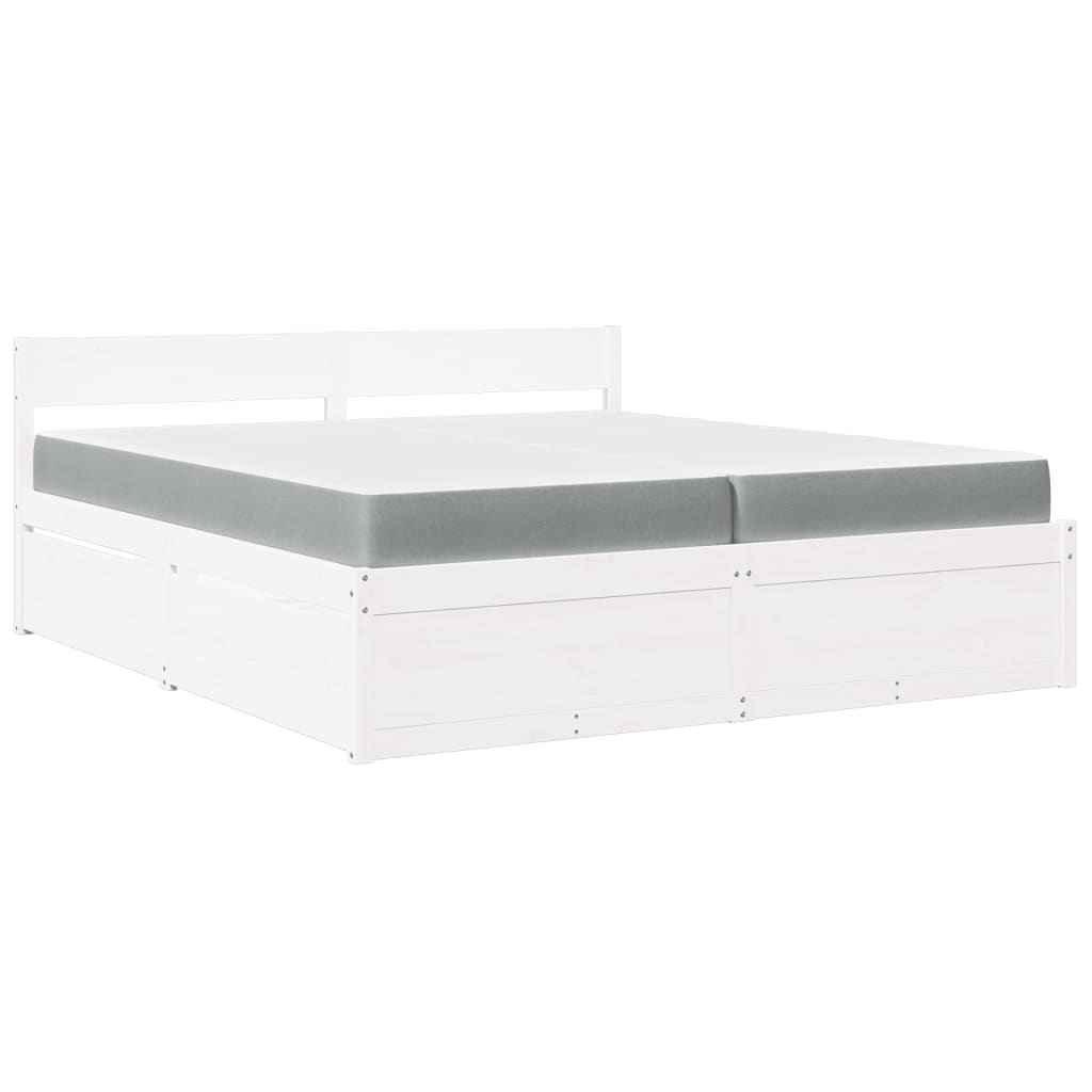 seng med skuffer og madras 200x200 cm massivt fyrretræ hvid