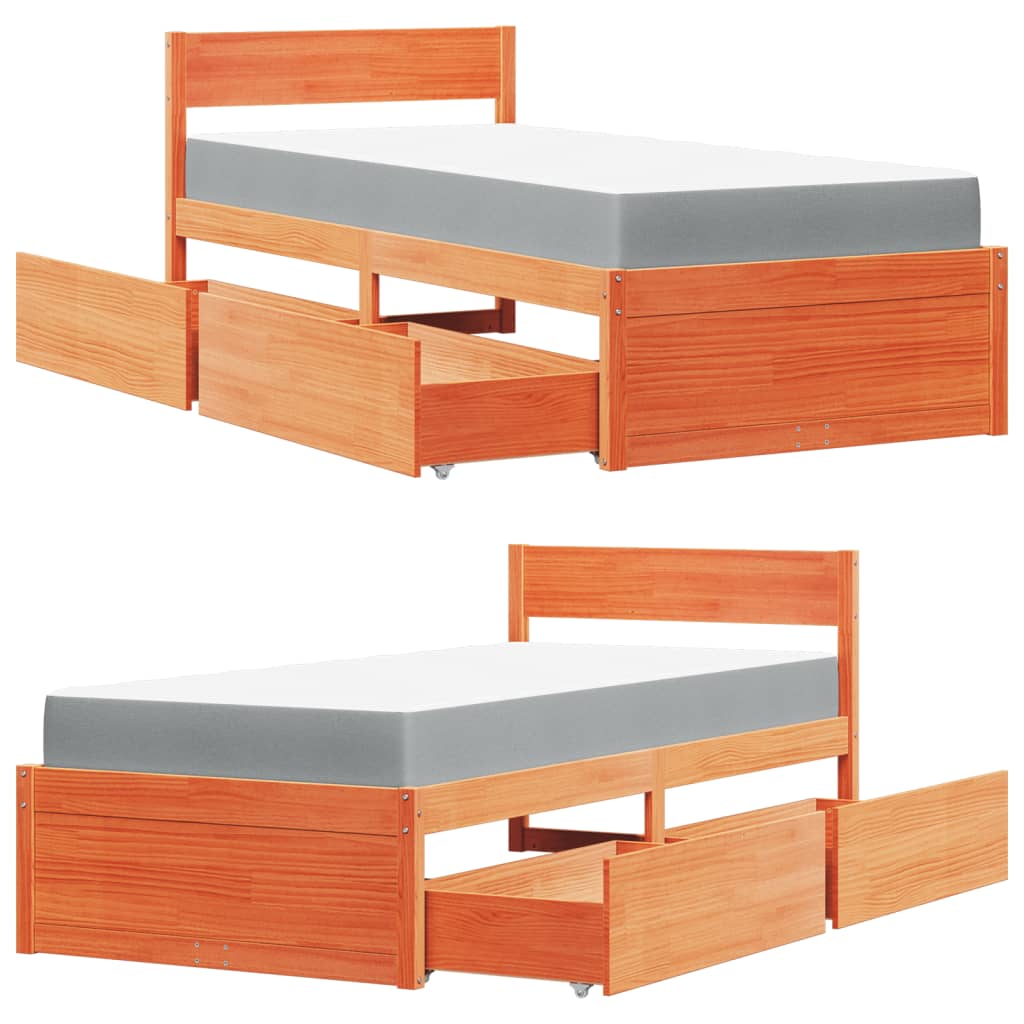 seng med skuffer og madras 100x200 cm massivt fyr gyldenbrun