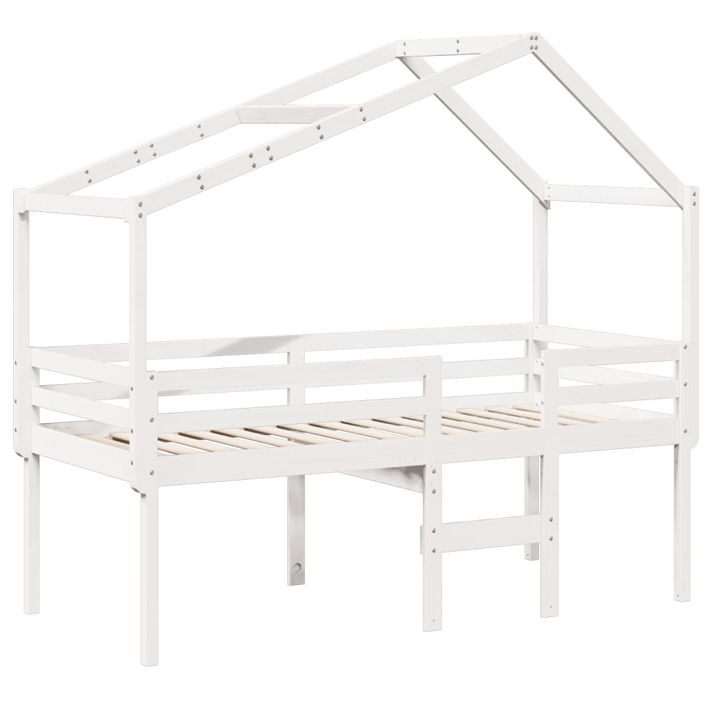 højseng med tag 90x190 cm massivt fyrretræ hvid
