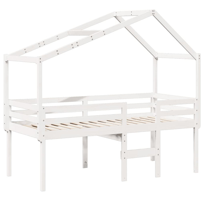 højseng med tag 90x190 cm massivt fyrretræ hvid