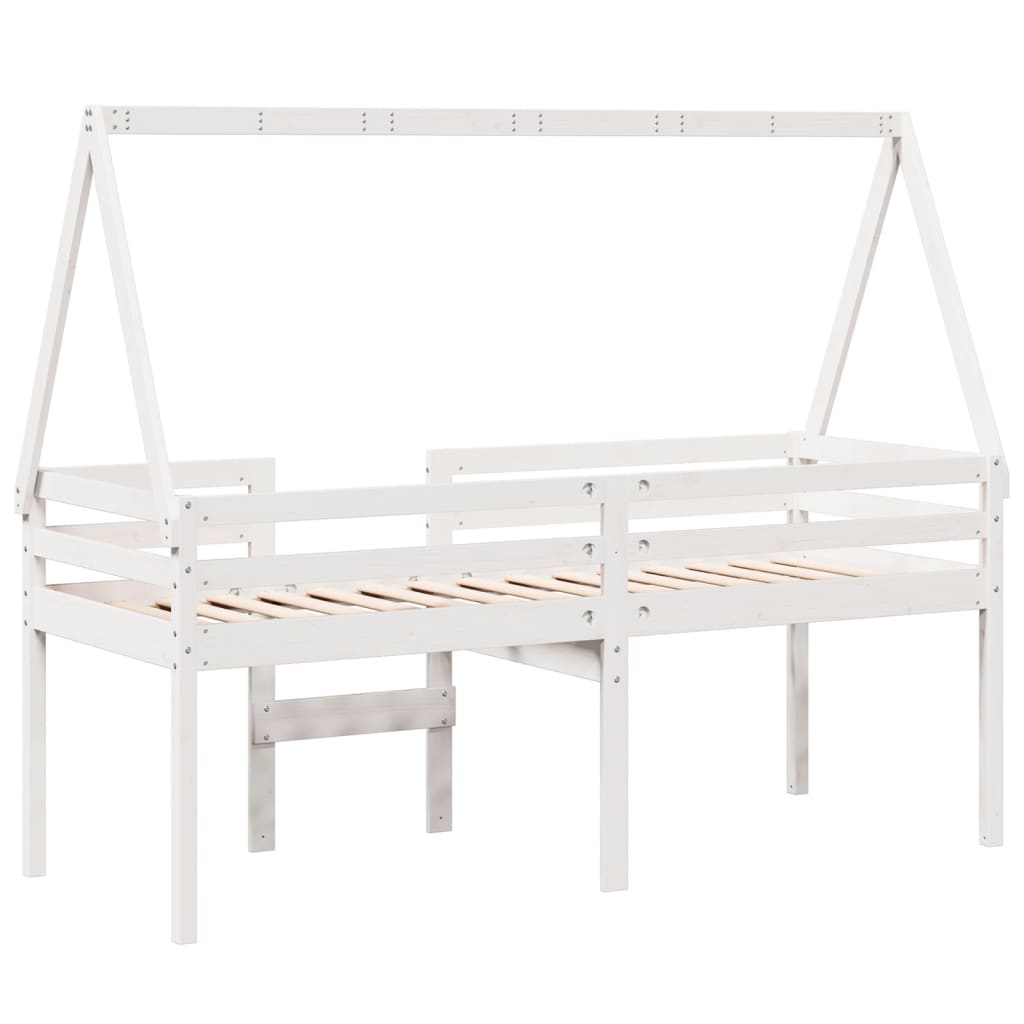højseng med tag 90x190 cm massivt fyrretræ hvid