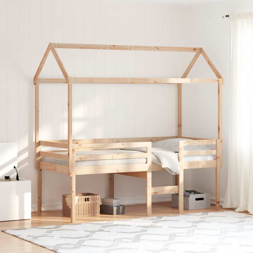 højseng med tag 90x200 cm massivt fyrretræ gyldenbrun
