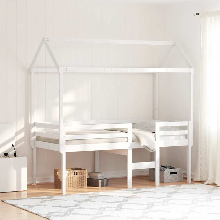 højseng med tag 90x200 cm massivt fyrretræ hvid