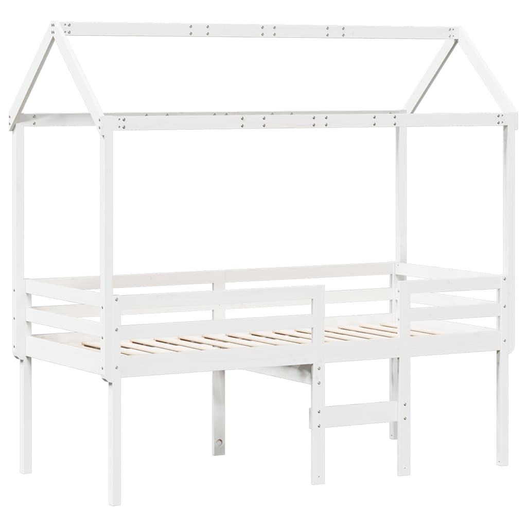 højseng med tag 90x190 cm massivt fyrretræ hvid