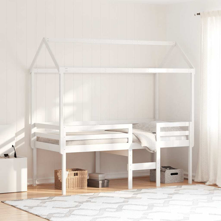 højseng med tag 90x190 cm massivt fyrretræ hvid