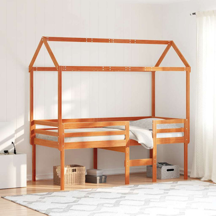 højseng med tag 75x190 cm massivt fyrretræ gyldenbrun