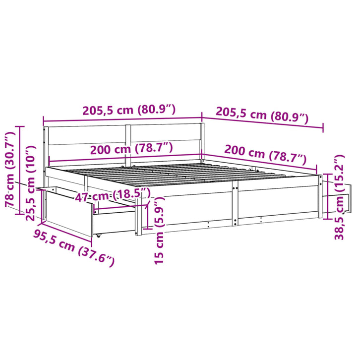 sengeramme uden madras 200x200 cm massivt fyrretræ