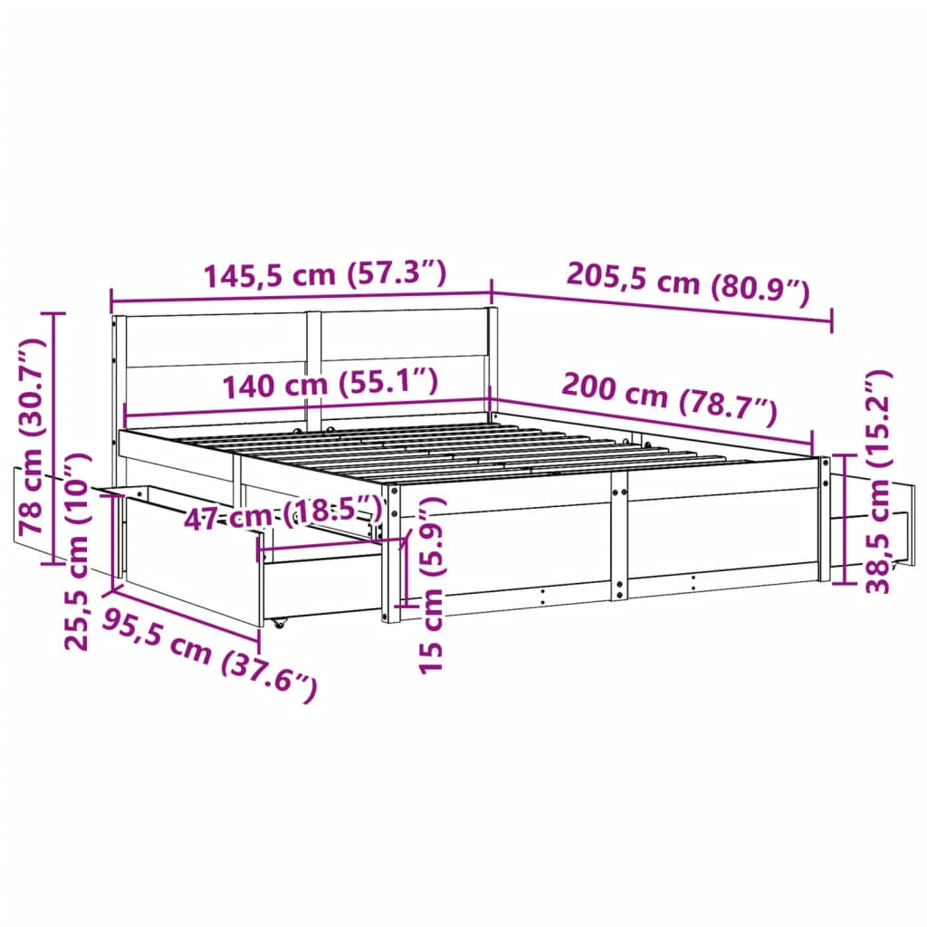 sengeramme uden madras 140x200 cm massivt fyrretræ