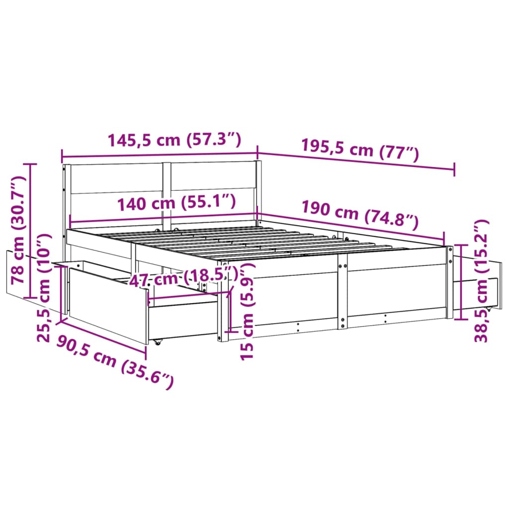 sengeramme uden madras 140x190 cm massivt fyrretræ