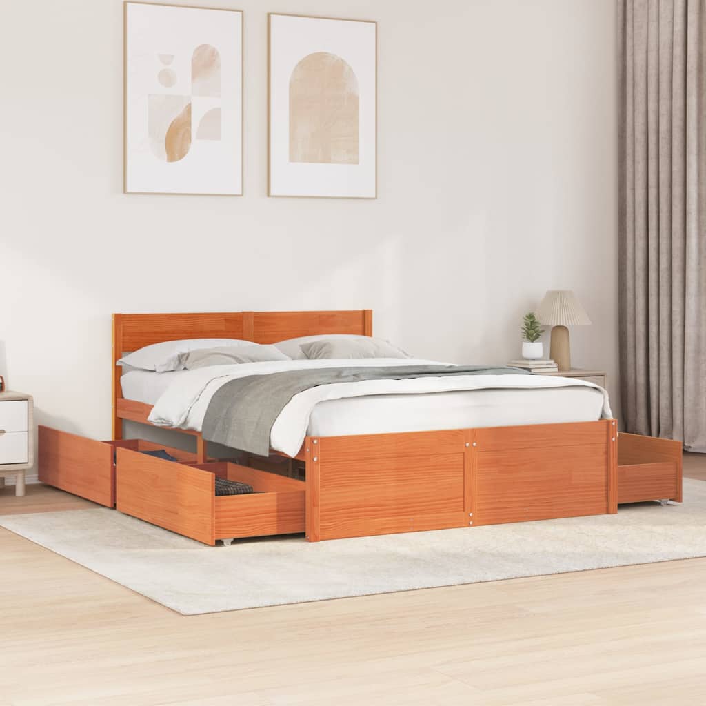 sengeramme uden madras 135x190 cm massivt fyrretræ brun
