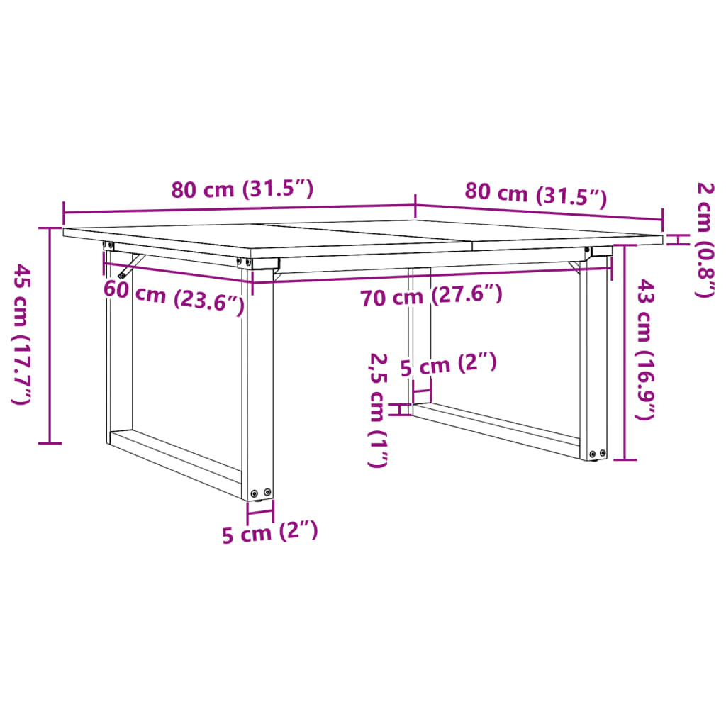 sofabord 80x80x45 cm O-stel massivt fyrretræ og stål