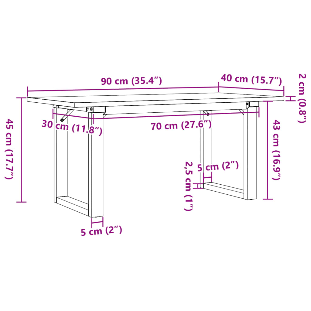 sofabord 90x40x45 cm O-stel massivt fyrretræ og stål
