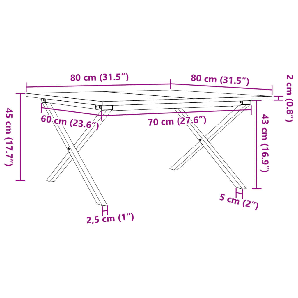 sofabord 80x80x45 cm X-stel massivt fyrretræ og stål