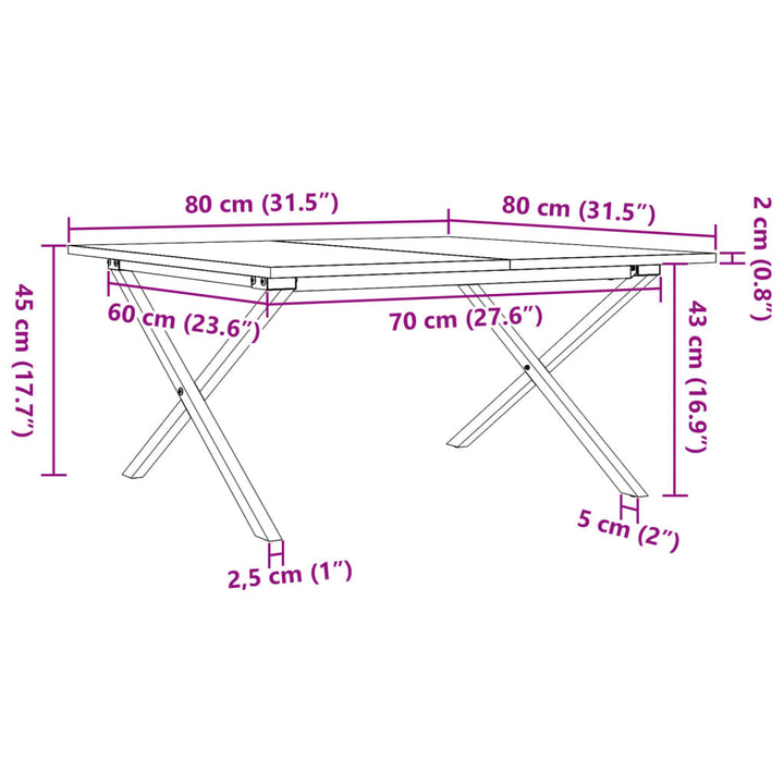 sofabord 80x80x45 cm X-stel massivt fyrretræ og stål