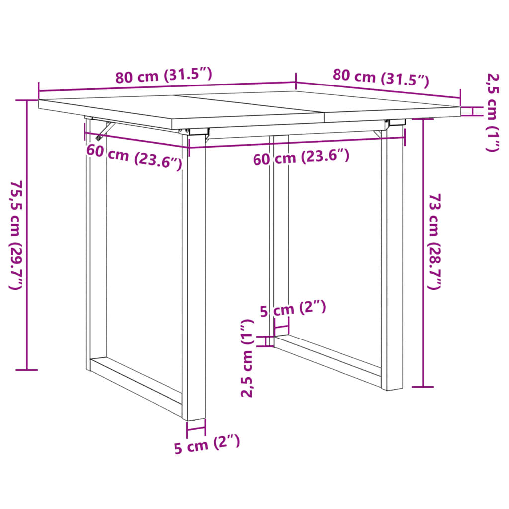 spisebord 80x80x75,5 cm O-stel massivt fyrretræ og stål