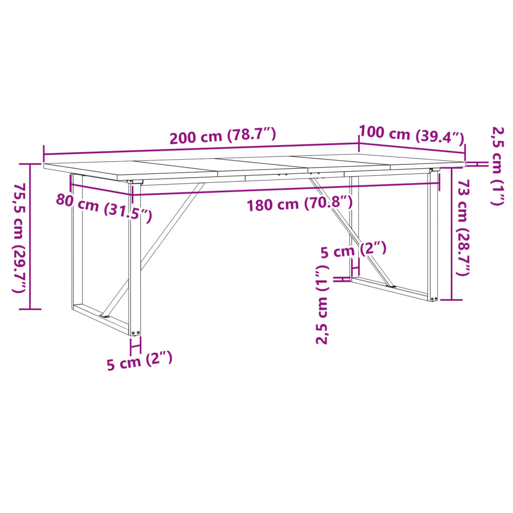 spisebord 200x100x75,5 cm O-stel massivt fyrretræ og stål
