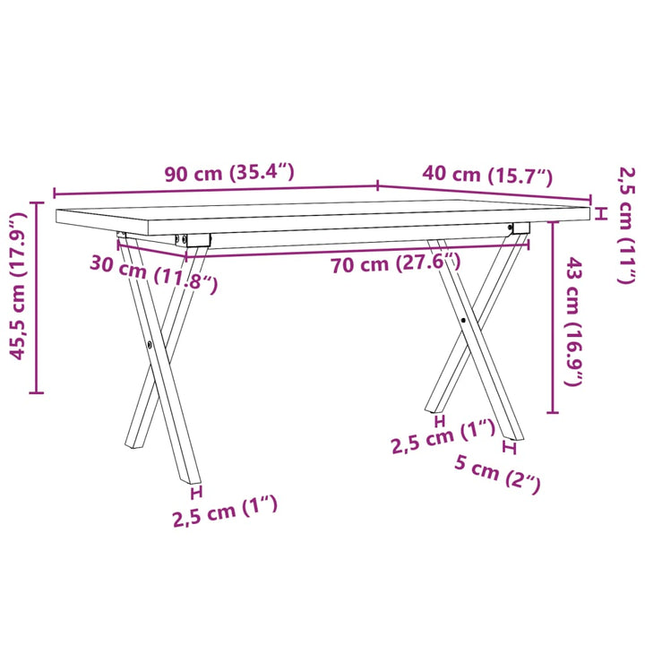 sofabord 90x40x45,5 cm X-stel massivt fyrretræ og stål